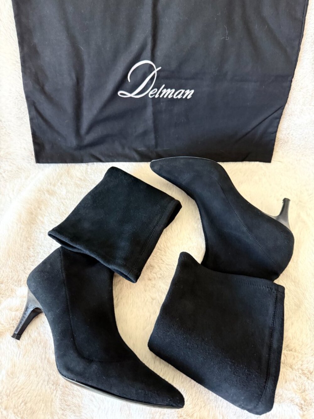 Worn Once! Delman Black Suede Knee-High Boots with Pointed Toe - Picture 10 of 13